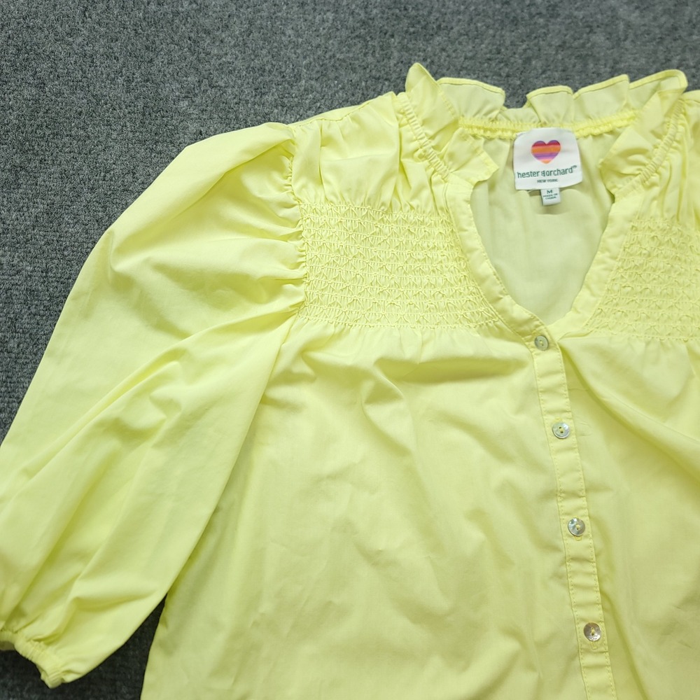 Hester & Orchard Yellow Smocked Ruffle V-Neck Puff Sleeve Blouse Medium - Picture 9 of 16